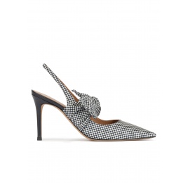 Checked slingback high heel shoes in white and blue fabric Pura López