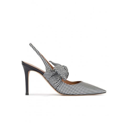 Checked slingback high heel shoes in white and blue fabric Pura López