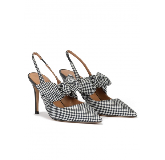 Checked slingback high heel shoes in white and blue fabric Pura López