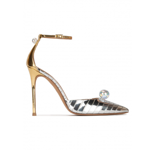Ankle strap heeled shoes in striped silver fabric Pura López