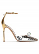 Ankle strap heeled shoes in striped silver fabric