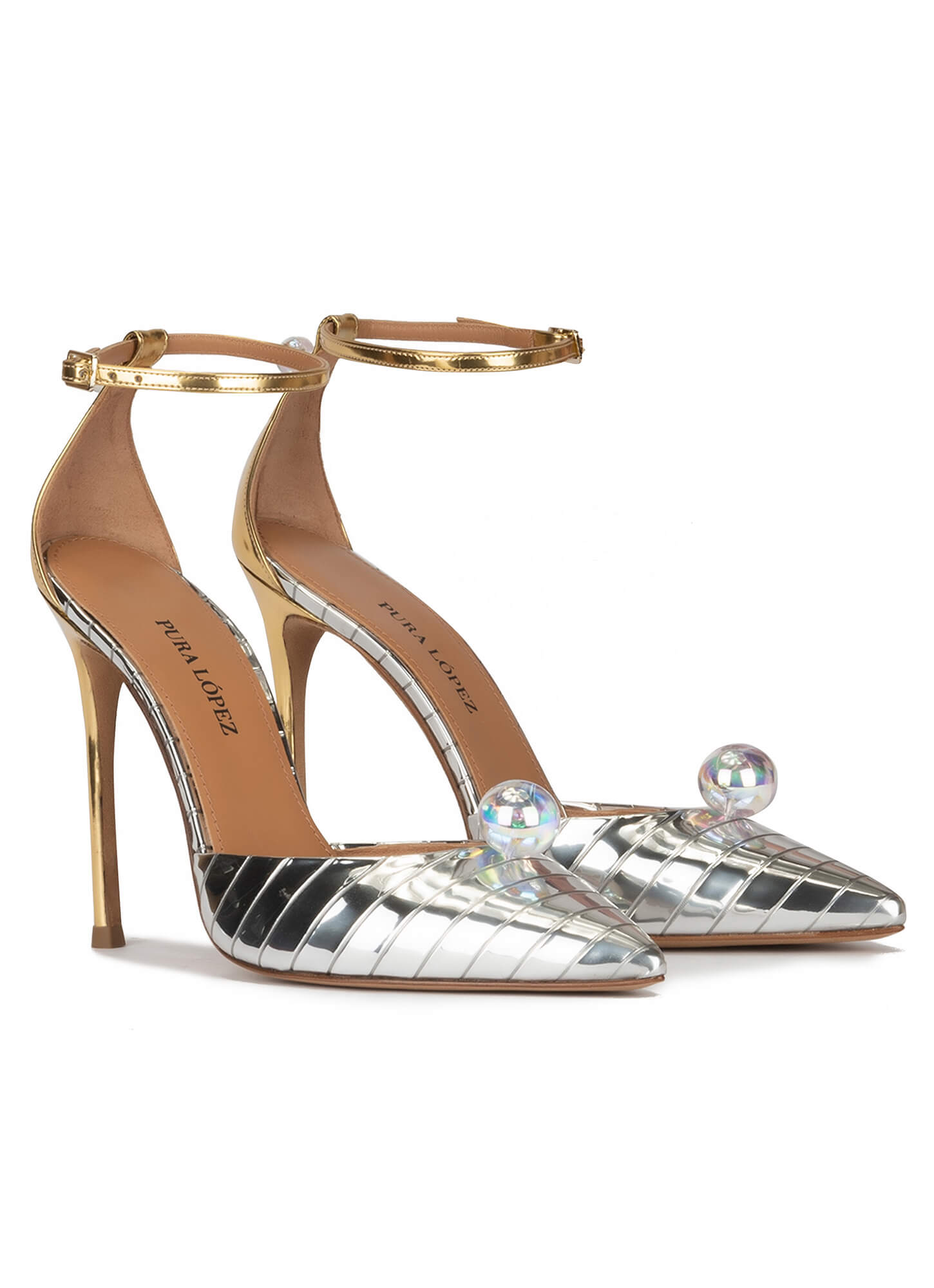 Ankle strap heeled shoes in striped silver fabric . LOPEZ