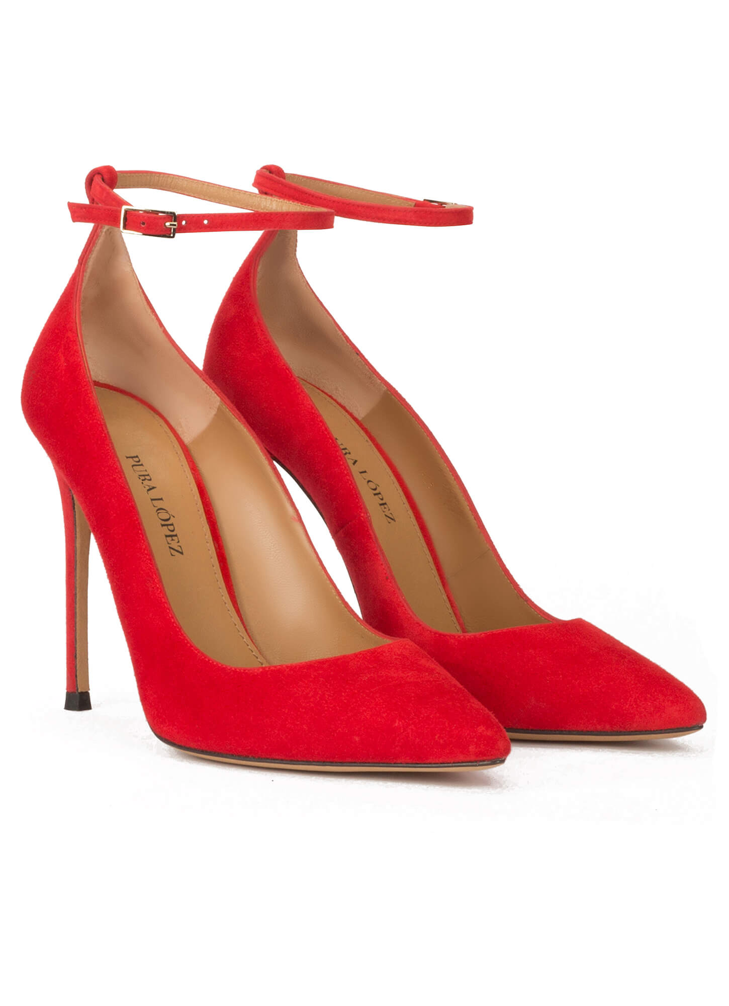 Ankle strap high heel point-toe shoes in red suede . PURA LOPEZ