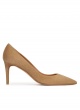 Mid heel sharp point-toe pumps in camel suede