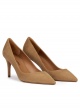 Mid heel sharp point-toe pumps in camel suede