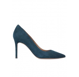 Petrol blue suede pointy toe pumps Pura López