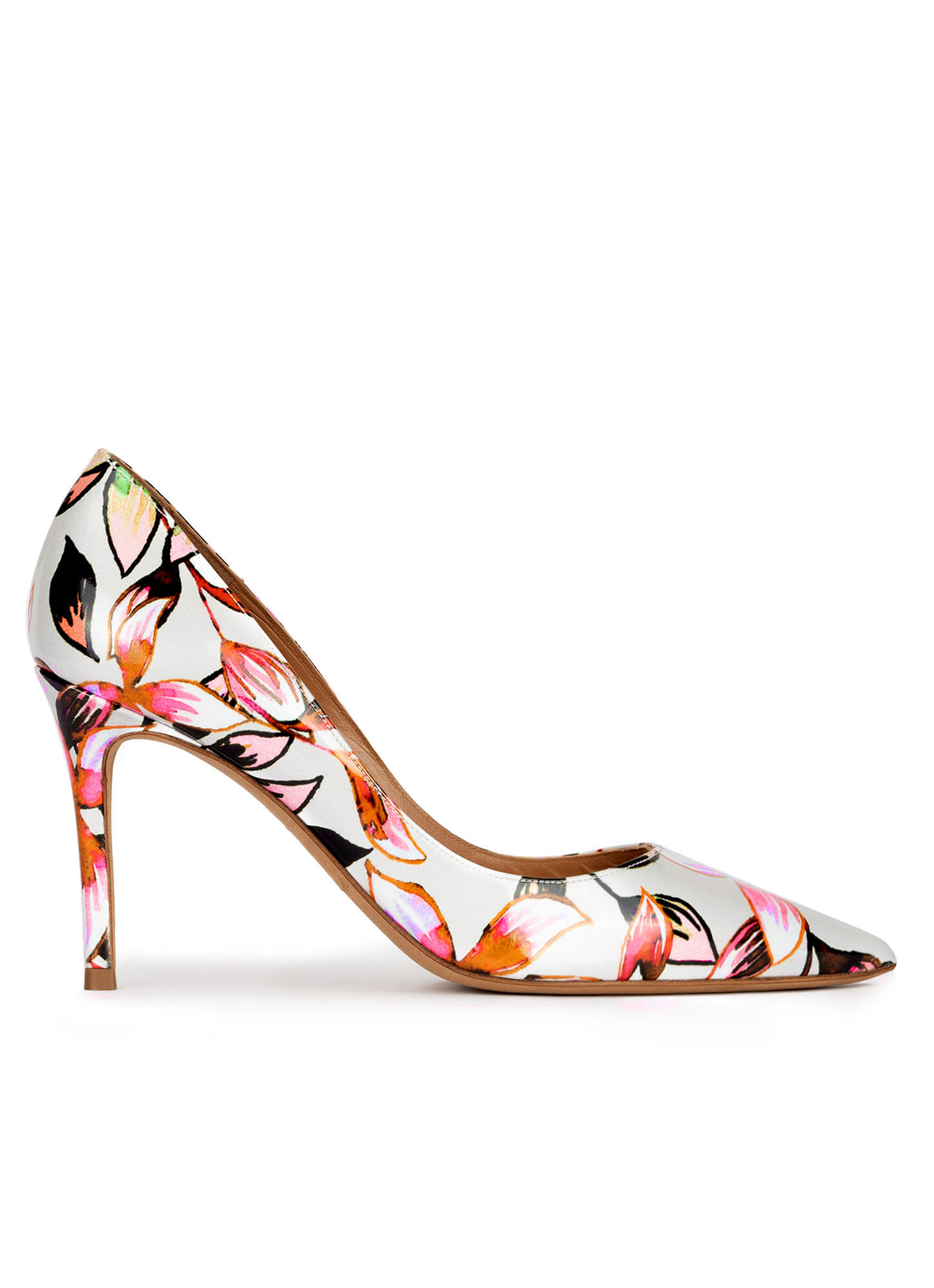 Zapatos de punta fina y tacón stiletto en floral . PURA LOPEZ