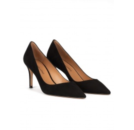 Pointy toe mid heel pumps in black suede Pura López