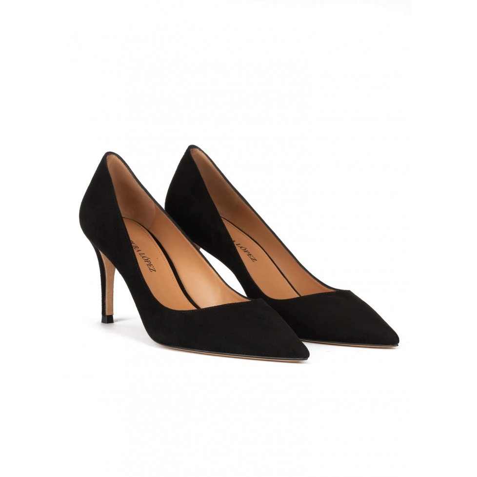 Pointy toe mid heel pumps in black suede