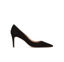 Pointy toe mid heel pumps in black suede Pura López