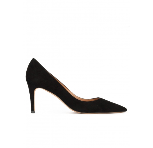 Pointy toe mid heel pumps in black suede Pura López