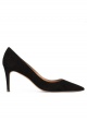 Pointy toe mid heel pumps in black suede