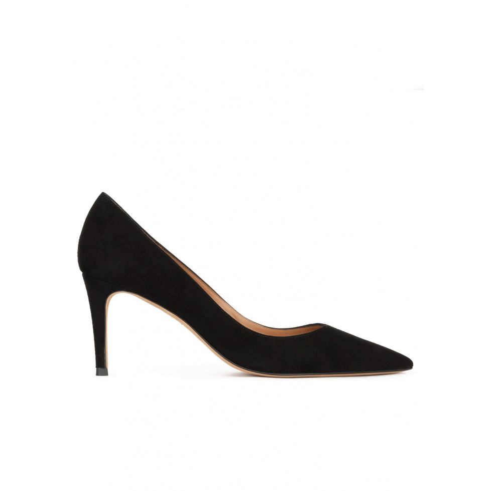 Pointy toe mid heel pumps in black suede