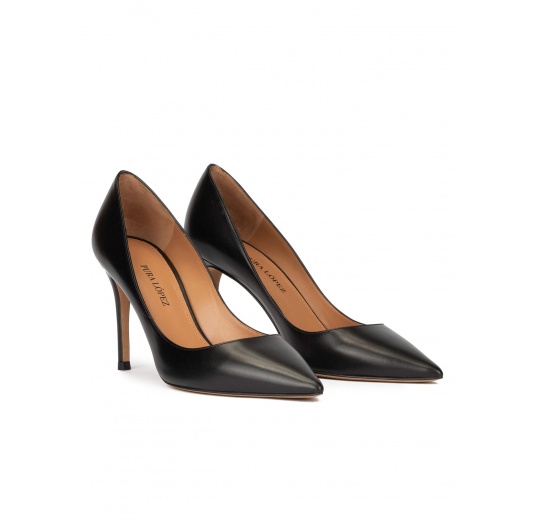 Black leather stiletto heel point-toe pumps Pura López
