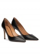 Black leather stiletto heel point-toe pumps