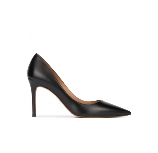 Black leather stiletto heel point-toe pumps Pura López