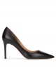 Black leather stiletto heel point-toe pumps