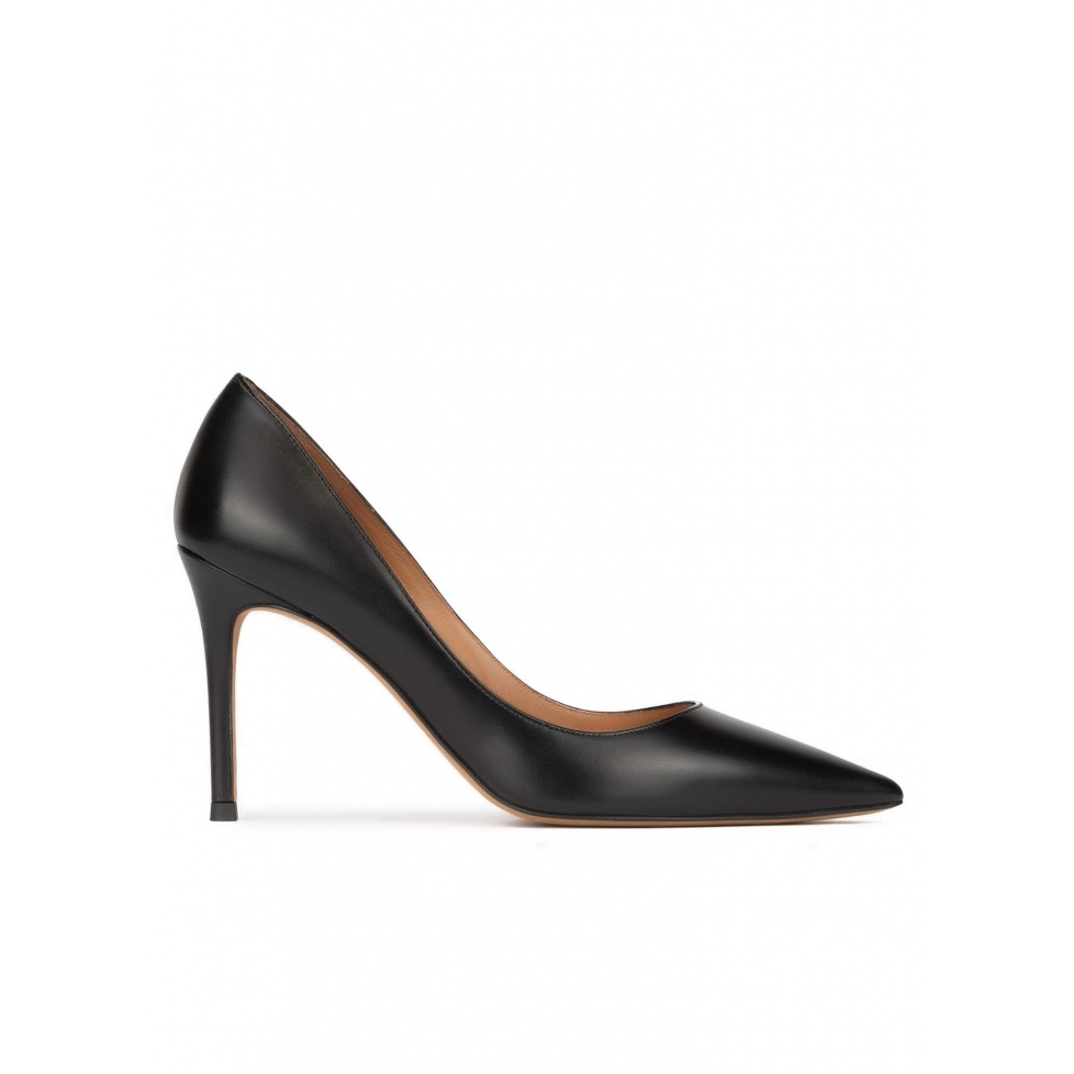 Black leather stiletto heel point-toe pumps