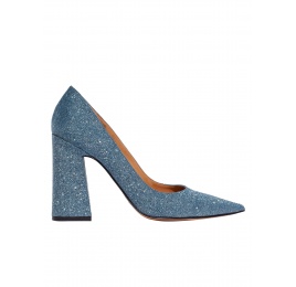 High block heel pumps in blue glitter Pura López