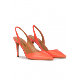 Slingback high heel point-toe pumps in coral leather Pura López