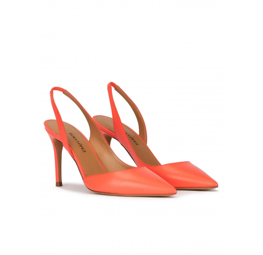 Slingback high heel point-toe pumps in coral leather Pura López