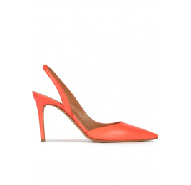 Slingback high heel point-toe pumps in coral leather Pura López