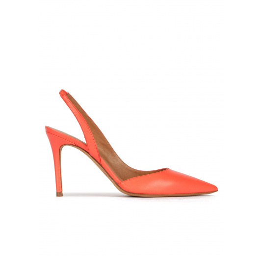 Slingback high heel point-toe pumps in coral leather Pura López