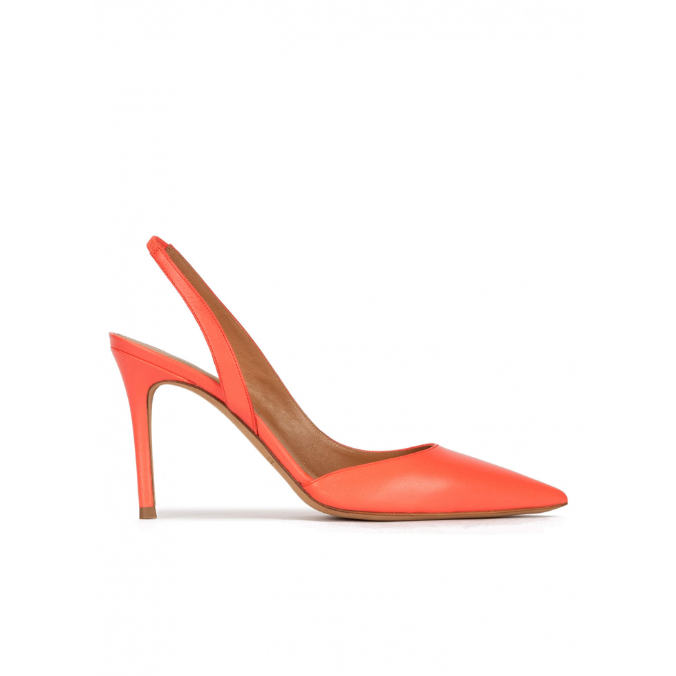 Slingback high heel point-toe pumps in coral leather