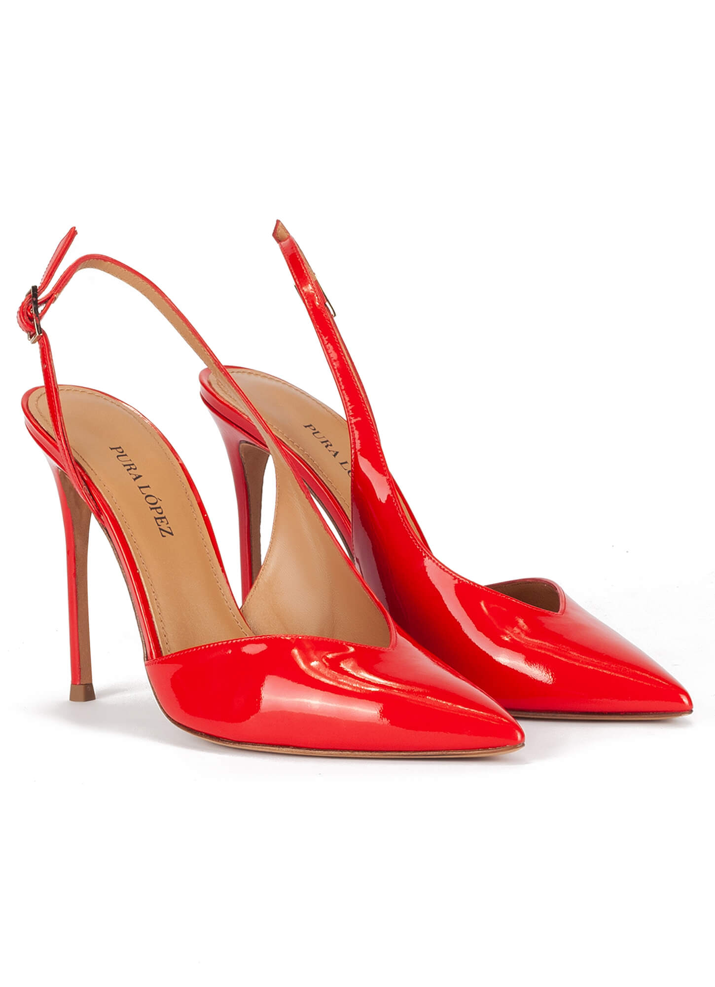 Red patent leather asymmetric heeled slingback pumps . PURA LOPEZ