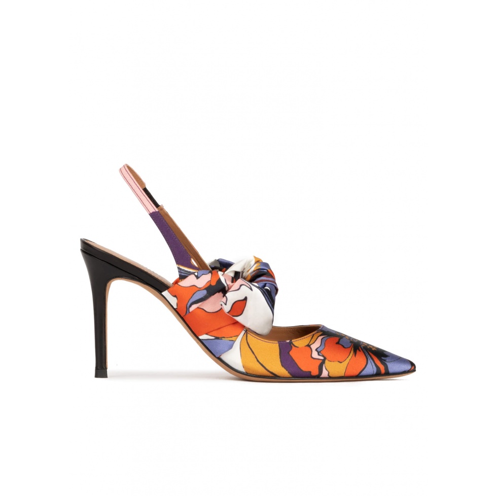Bow detailed high heel slingback pumps in printed fabric