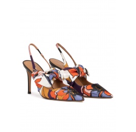 Bow detailed high heel slingback pumps in printed fabric Pura López