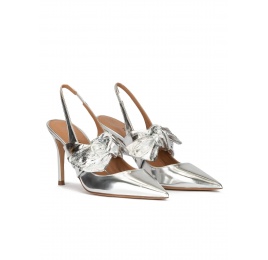 Silver metallic leather high heel slingback shoes Pura López