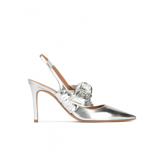 Silver metallic leather high heel slingback shoes Pura López