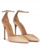 Ankle strap heeled point-toe pumps in beige leather