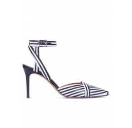 Striped slingback high heel shoes in black and white leather Pura López