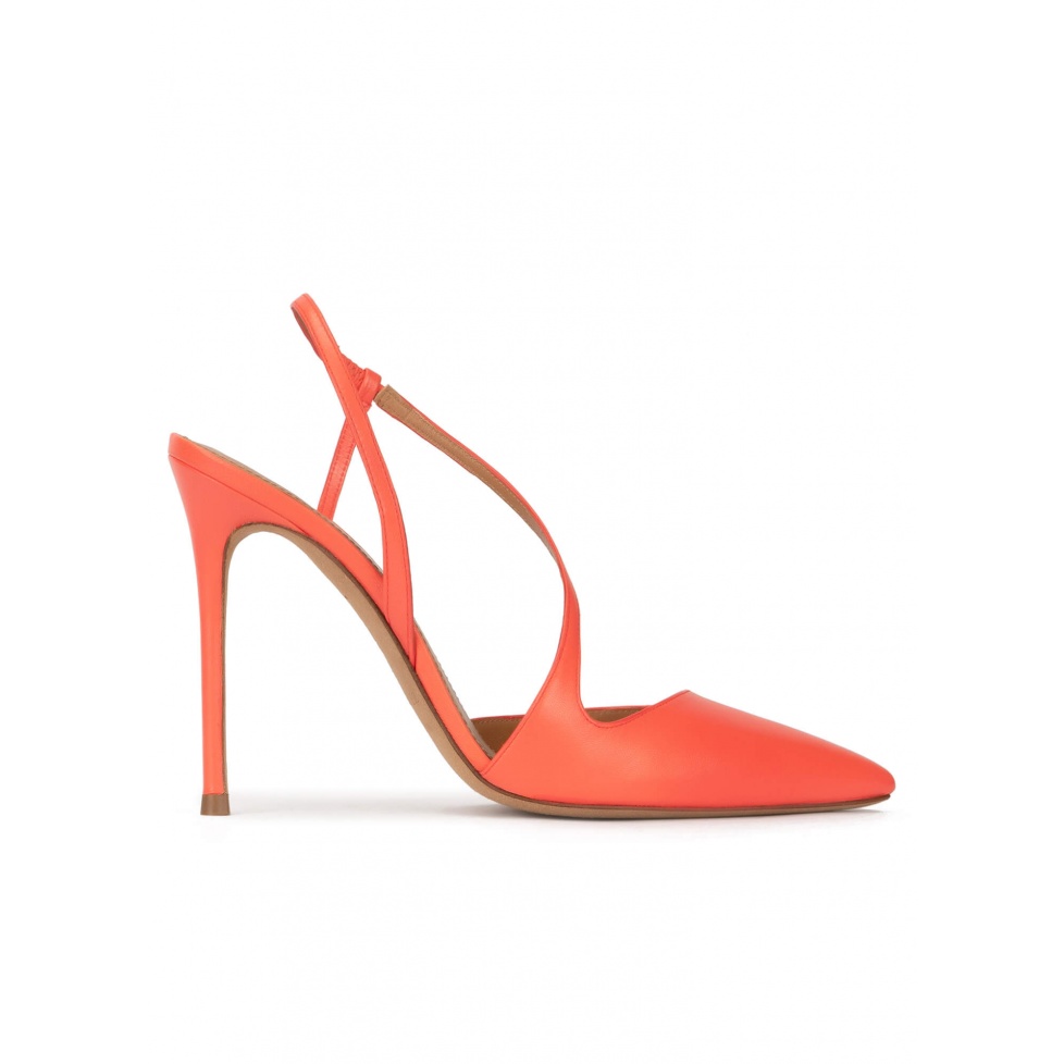 Heeled pointy toe sligback pumps in coral leather