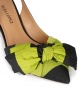 Bow detailed mid heel pumps in green and black fabric