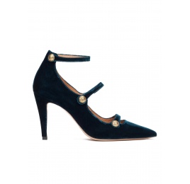 Strappy high heel shoes in petrol blue velvet Pura López