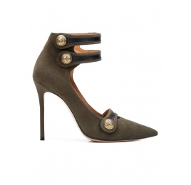 Button detailed high heel shoes in military green suede Pura López