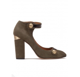 Ankle strap high block heel shoes in military green suede Pura López